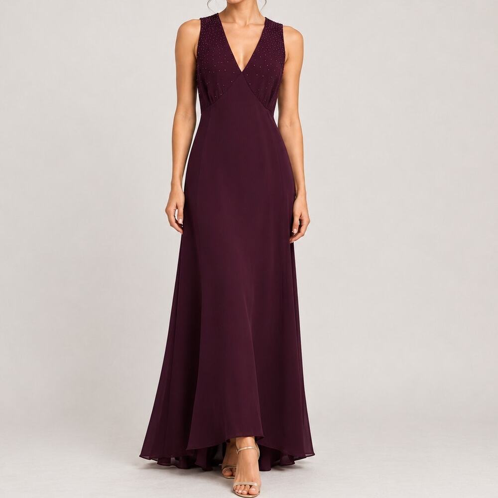 Evan Picone Burgundy Plum Beaded V-Neck Sleeveless Formal Maxi Gown Dress Size 6